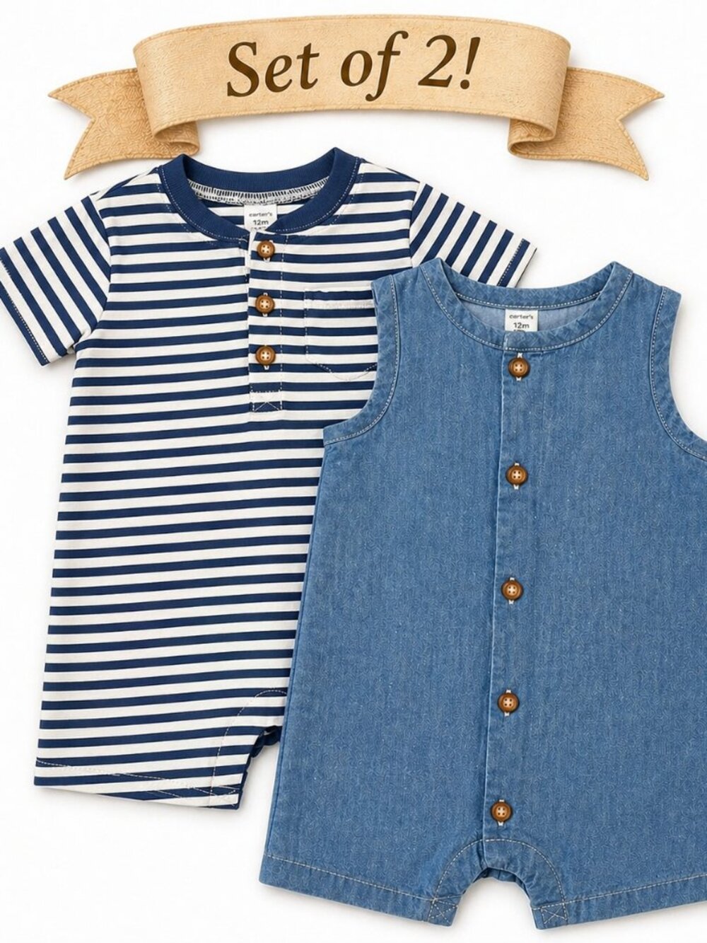 NWT Carter’s Baby Boy Romper Set of 2 Size 12 Months Blue Striped Summer